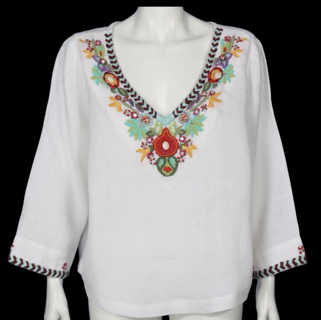 Soft Surroundings Fiesta Tunic Top White Linen Embroidered Beading XL Boho