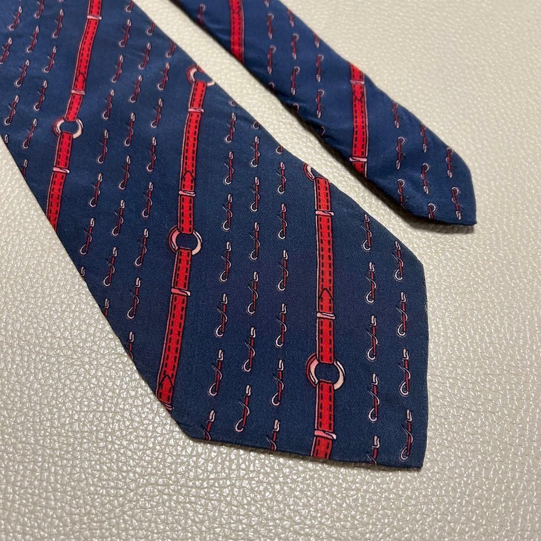GUCCI GG Stripe Dot Check Silk Necktie Navy 9.7cm Tip Width Pre-owned