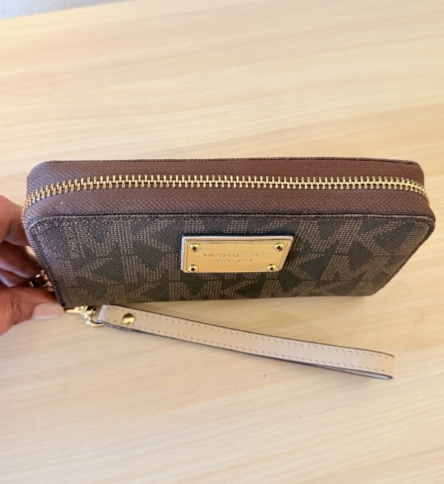 Michael Kors Logo Zip-Around Wristlet Wallet w/ Credit Card Slots Brown