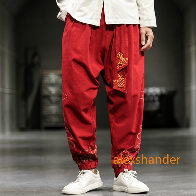 Men Chinese Kung Fu Pants Tai Chi Trousers Wushu Lace Up Martial Arts Sports Red