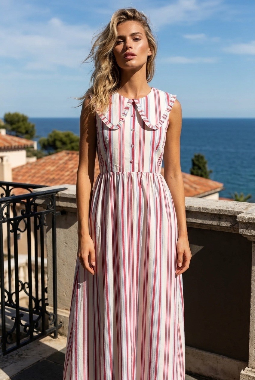NWT Caroline Constas Striped Cotton Maxi Dress Peter Pan Collar Size S