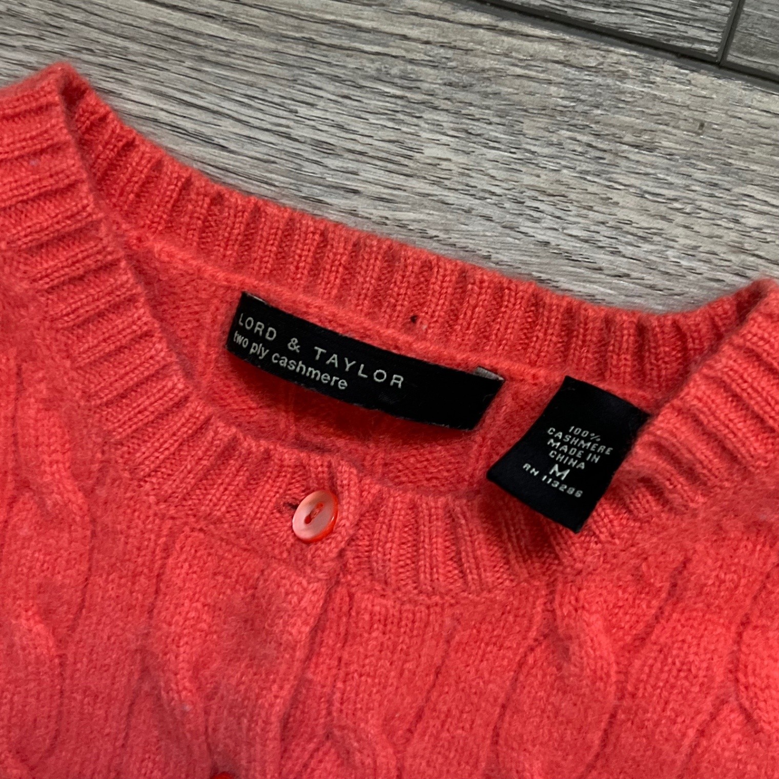 Lord & Taylor Women’s M Cardigan Cable Knit Sweater 100% Cashmere Coral