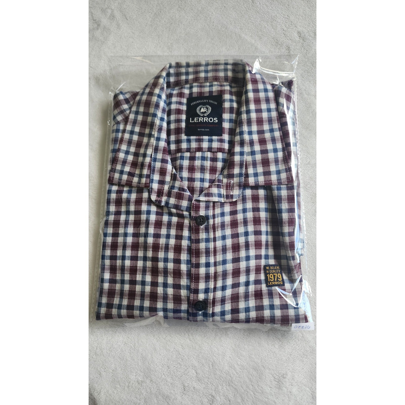 Lerros Mens Short Sleeve Plaid Button Down Shirt Burgundy Navy 100% Cotton XL