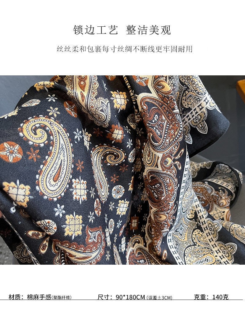 Vintage Print Scarf Shawl Wrap Cotton Linen Lightweight Cover for Travel Sun