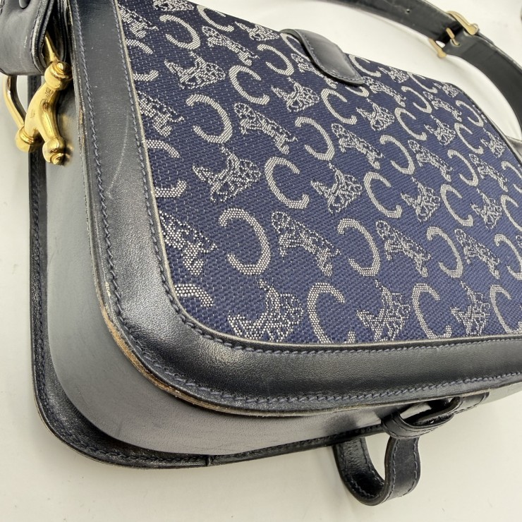 CELINE Sulky C Macadam Vintage Shoulder Bag Navy Canvas and Leather Gold-ton…