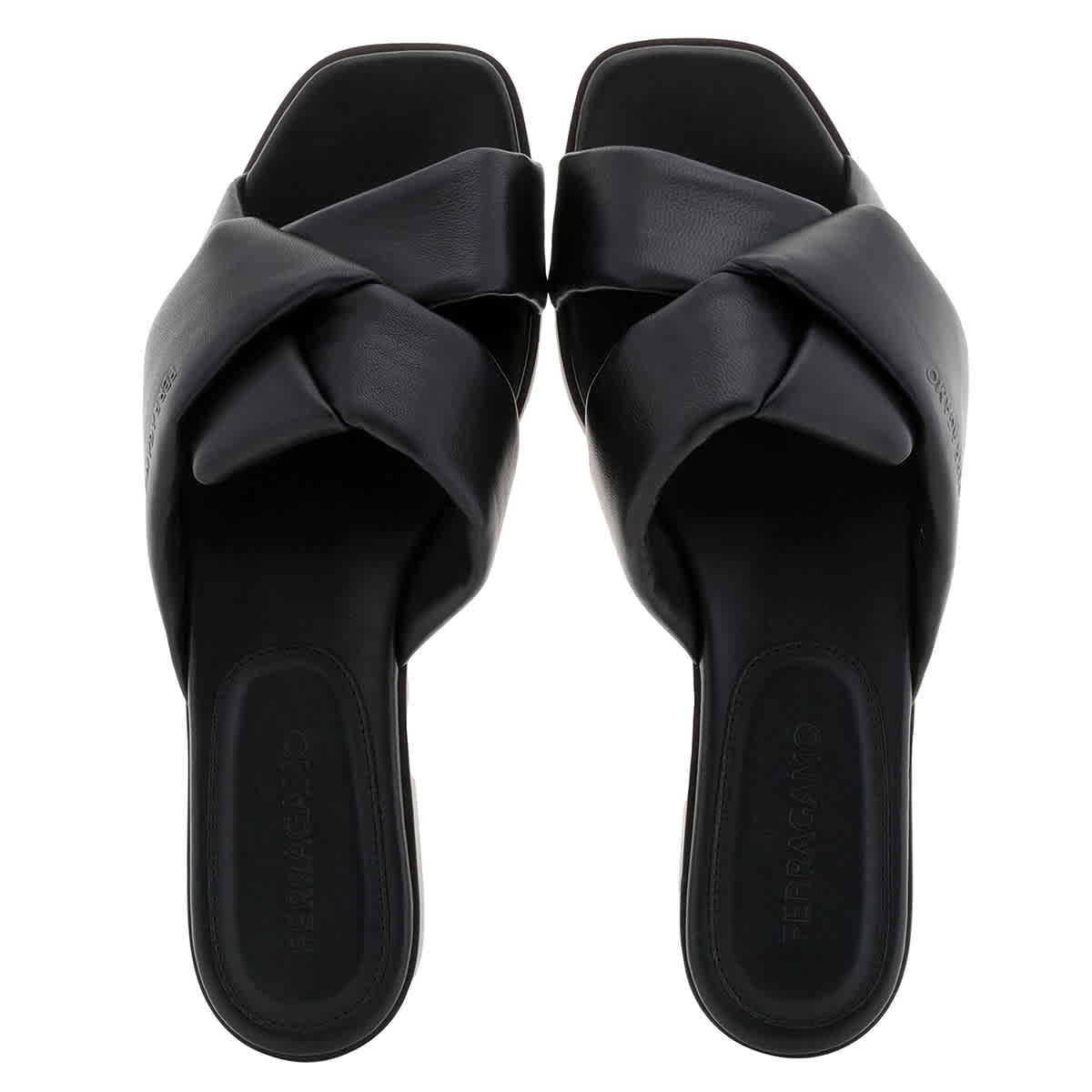 Ferragamo Black Alrai Crossover-Strap Nappa Slides