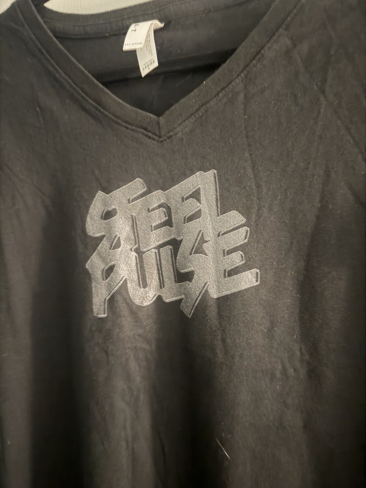 L.A.T Apparel Women’s L Black V-Neck Steel Pulse Short Sleeve T-Shirt