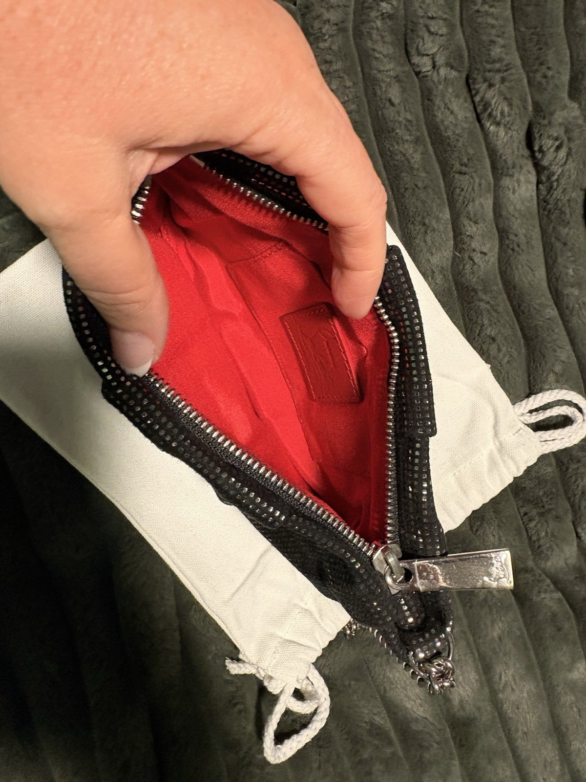 Christian Louboutin Black Sparkle Zip Clutch Red Lining Chain Strap Dust Bag