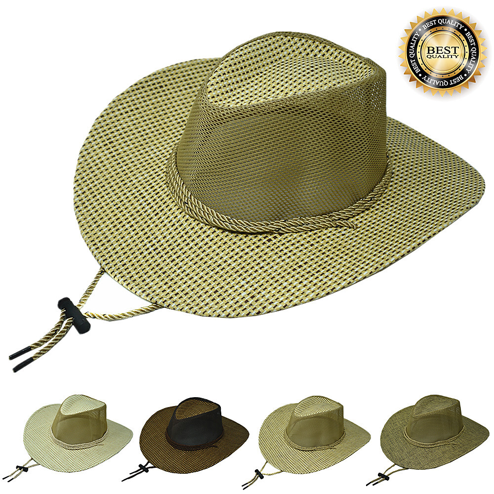 Mens Summer Bucket Cap Cowboy Panama Fedora Paper Straw Hat Wide Brim Mesh Top
