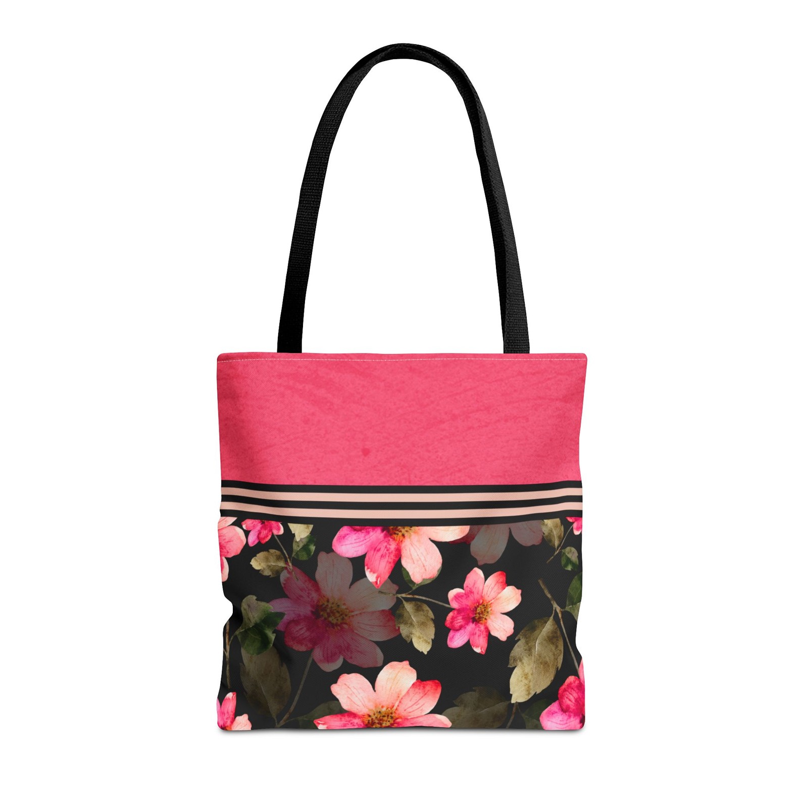 Pink Floral Print on Black Tote Bag, Eco-Friendly, Great Gifts, Reusable Bag