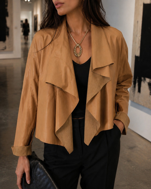 Planet By Lauren G Jacket Vegan Leather Waterfall Camel Oversized OSFM