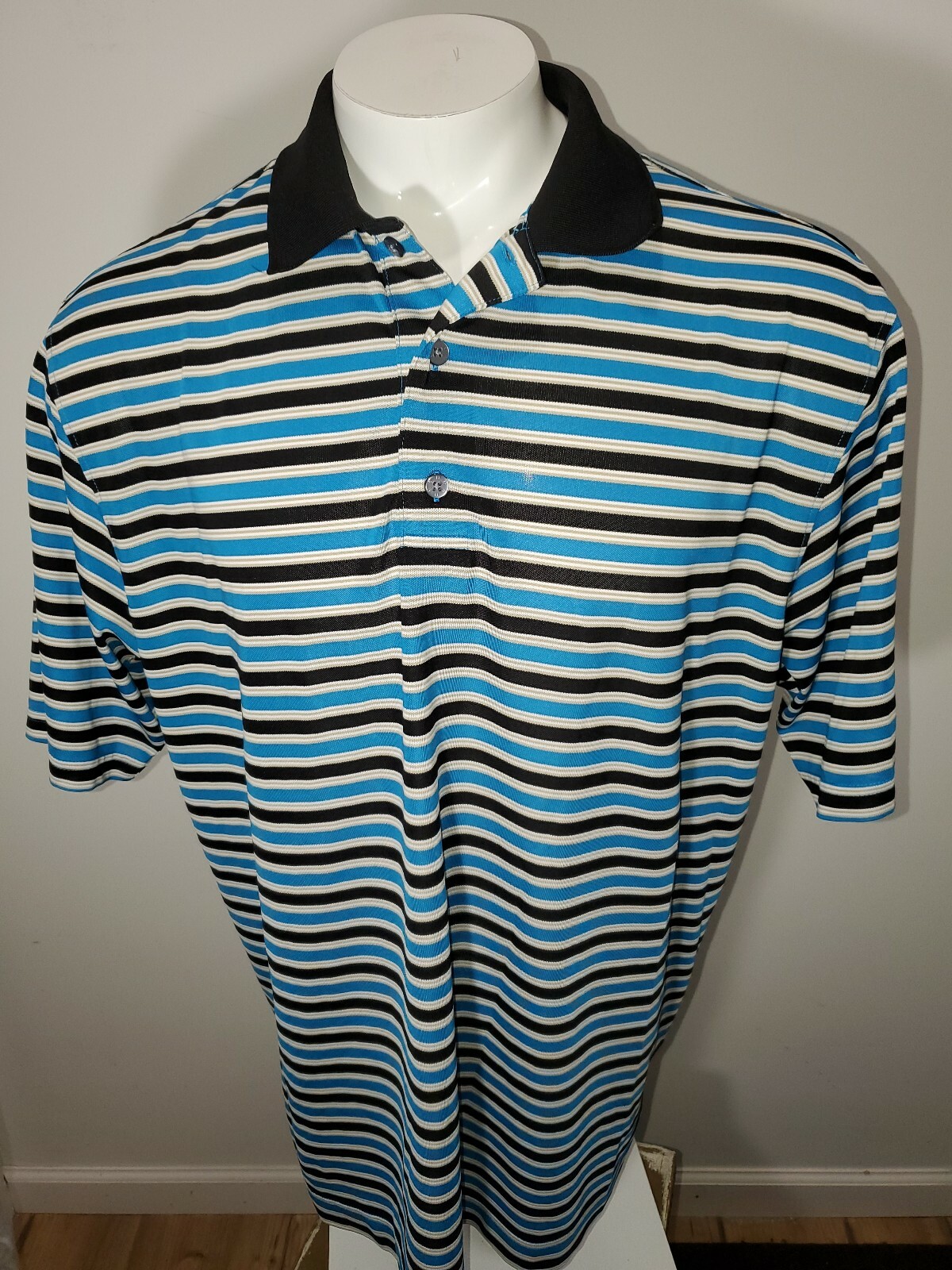 EUC FootJoy Blue Black Stripped Golf Polo Mens Size XL Polyester Spandex Blend