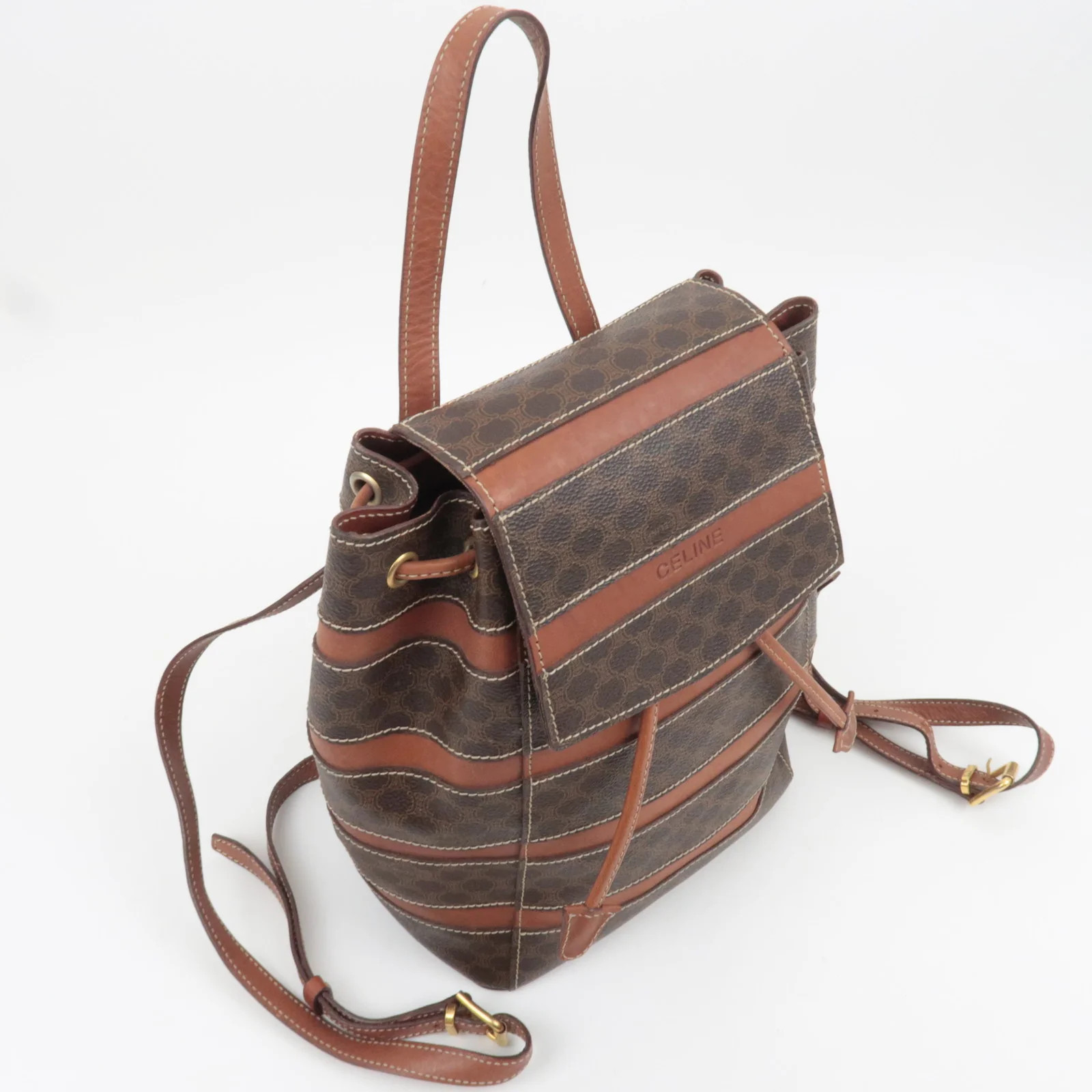 CELINE Macadam PVC Leather Backpack Brown Gold HDW Authentic