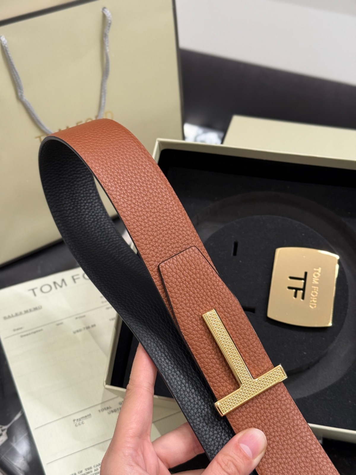 Tom Ford Mens T Logo Brown/Black Leather Dress Belt S.S. Buckle