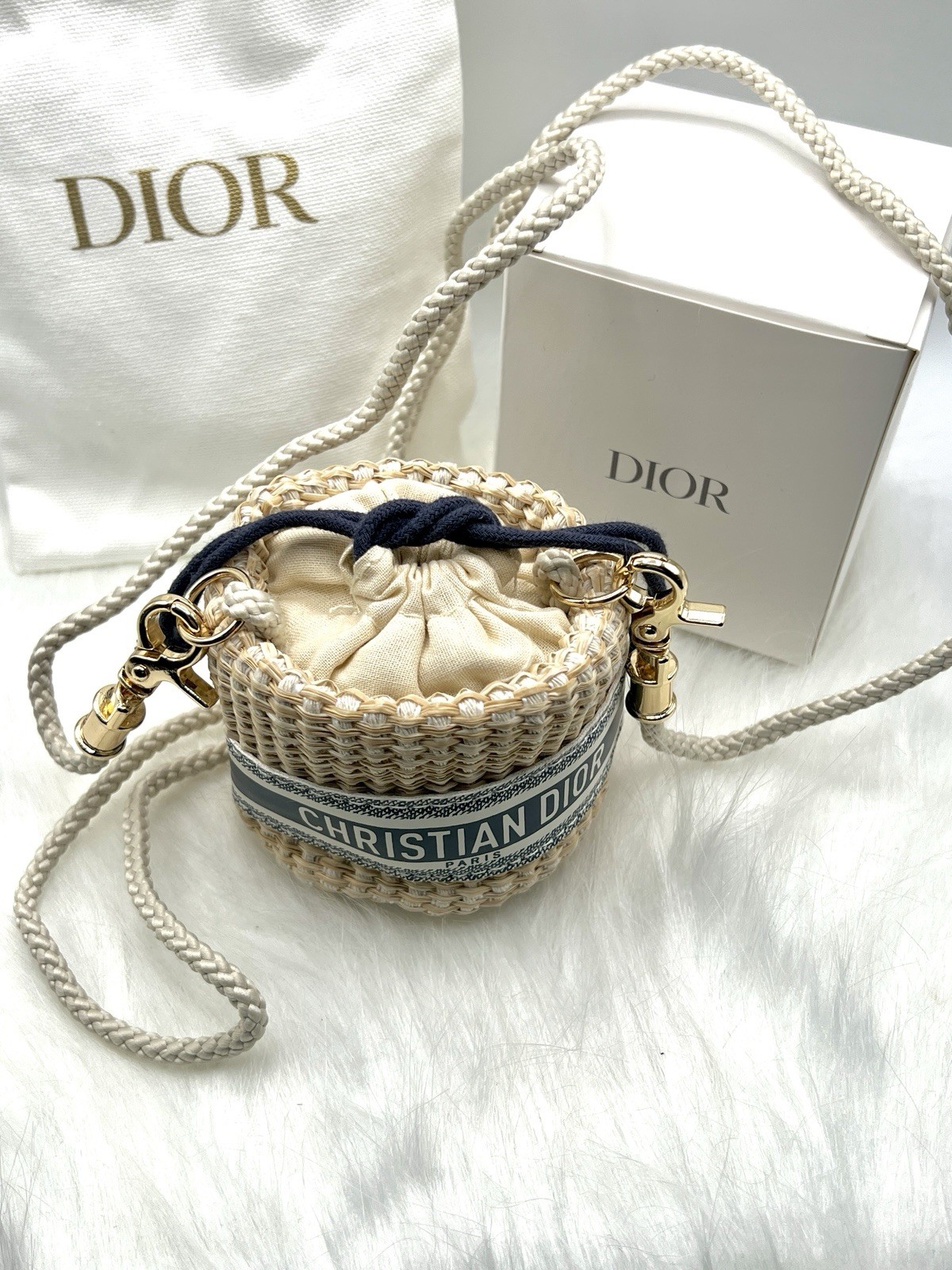Christian Dior Mini Bucket Bag Straw Raffia Pouch VIP Novelty GWP Duster Box