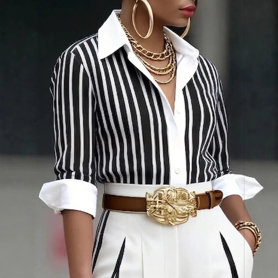 Women 2PC Striped Set Shirt & Vertical Stripe Wide Leg Pants Casual