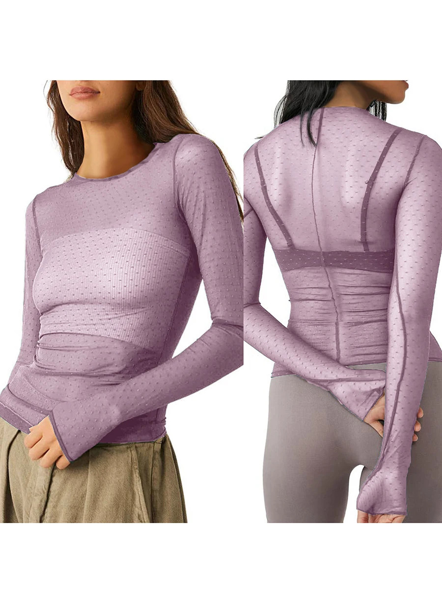 Women Long Sleeve T-shirt Casual Crew Neck Dots See-through Slim Fit Sheer Tops