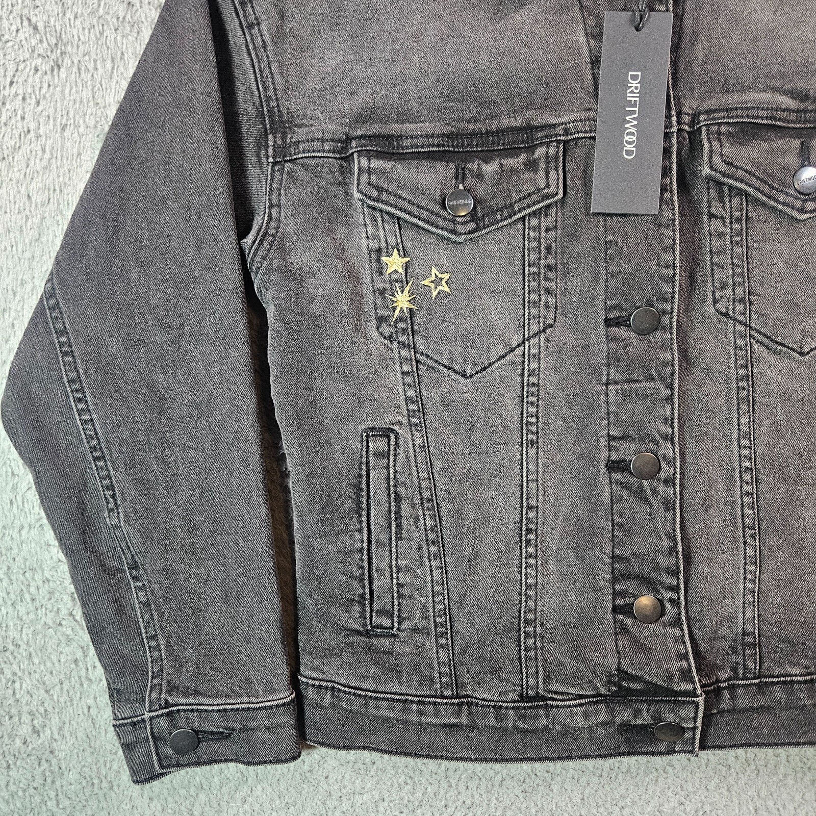 $178 NWT Driftwood Denim Jacket Women XS Studded Gold Star Embroidered Black