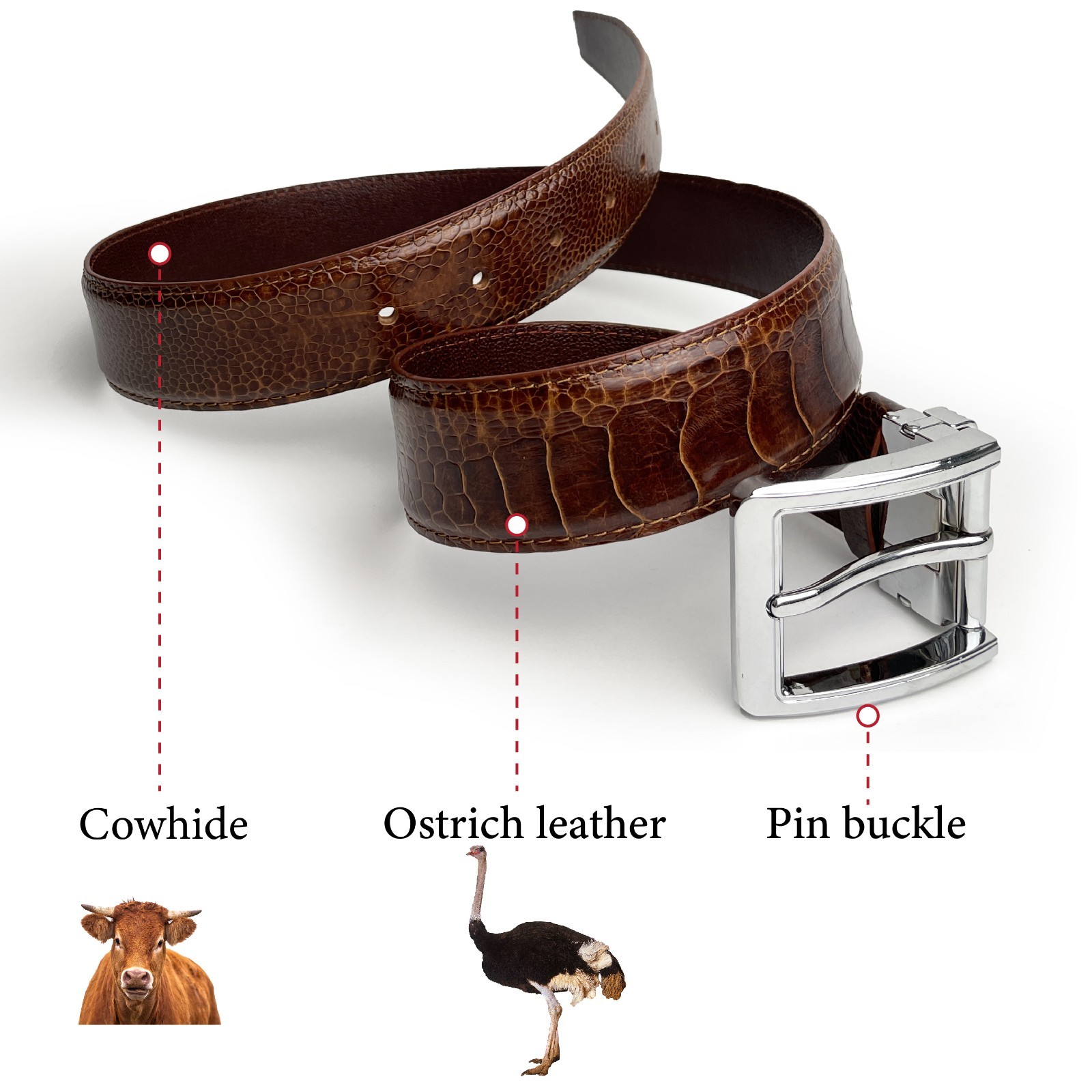 Brown Leather Ostrich Belt Genuine Ostrich Leg Leather Skin Men’s Belt – W 1.5”