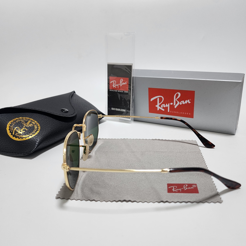 Ray-Ban RB3548N Hexagonal Sunglasses Gold Frame Glass Green Lens 51-21 mm