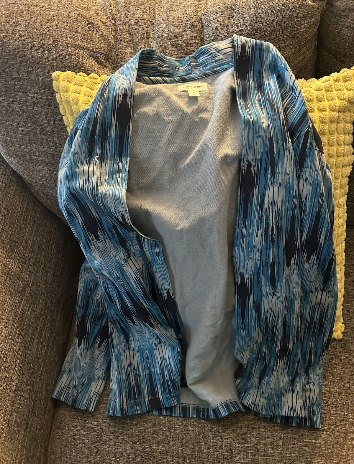 Sun + Stone Women’s Ikat Open Front Long Sleeve Knit Cardigan, S Blue