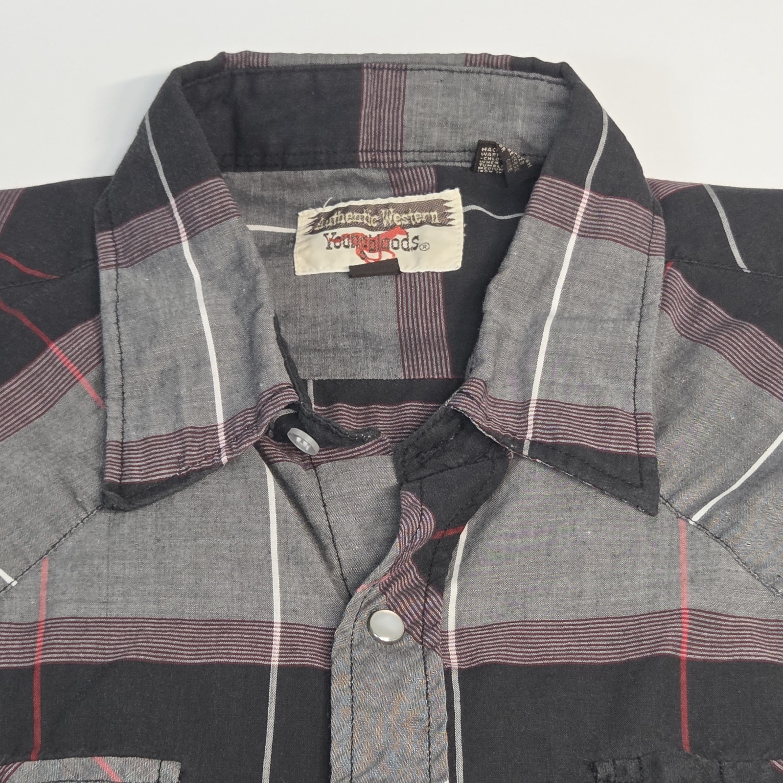 Authentic Western Youngbloods Pearl Snap Shirt Mens Large Gray Black Plaid Long