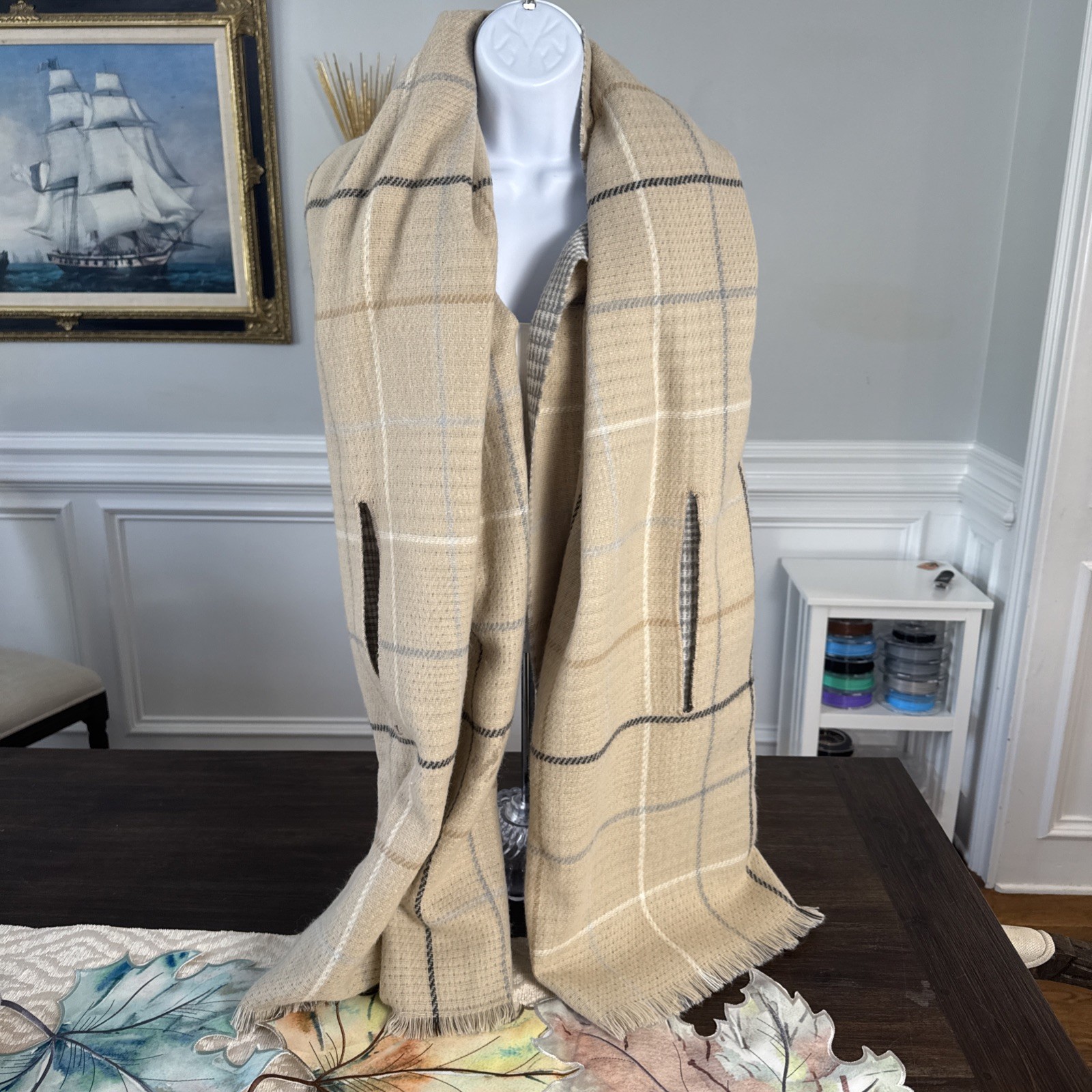 Soft Fringe Scarf Plaid Grey Beige White – 81” By 36” – Reversible W/ Hand Holes