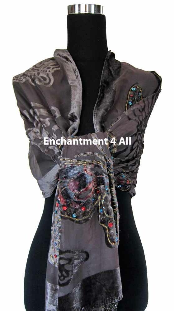 Handmade Beaded Butterfly 100% Silk Velvet Scarf Shawl, Gray