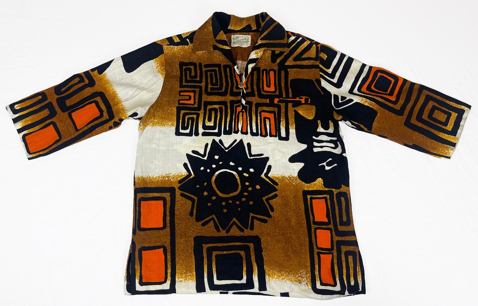 Vintage 1960s 70s Diamond Head Hawaii Tiki Barkcloth Pullover Shirt Mens M Mod