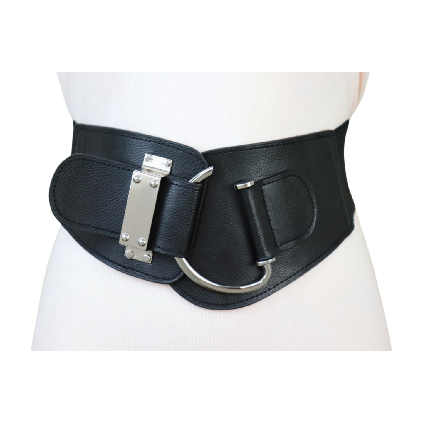 Women Black Wide Elastic Fashion Hip Waist Belt SILVER Metal Hook Buckle Fit S M
