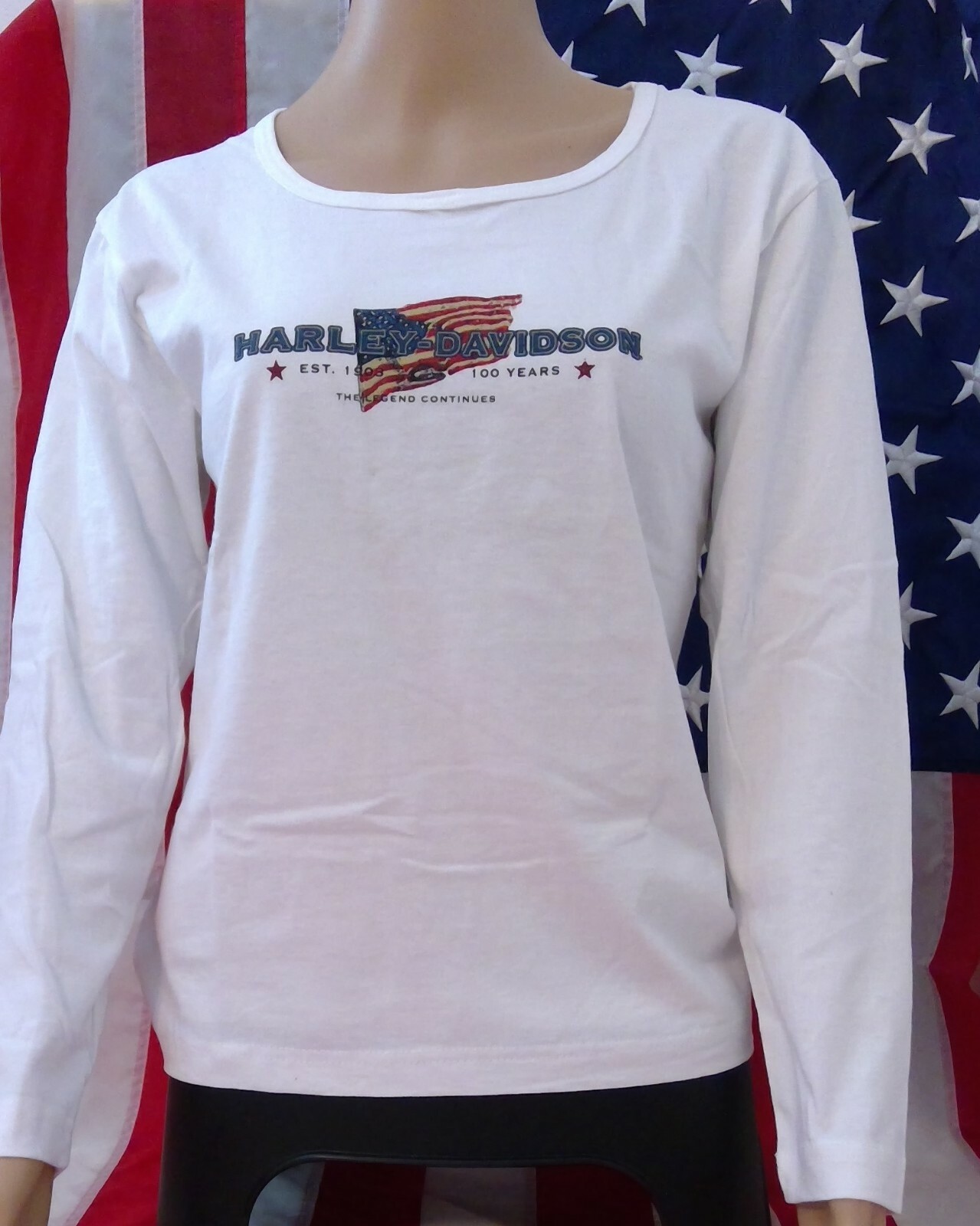 HARLEY DAVIDSON LS Shirt White American Flag USA Est 1903 Chest44in Womens XL