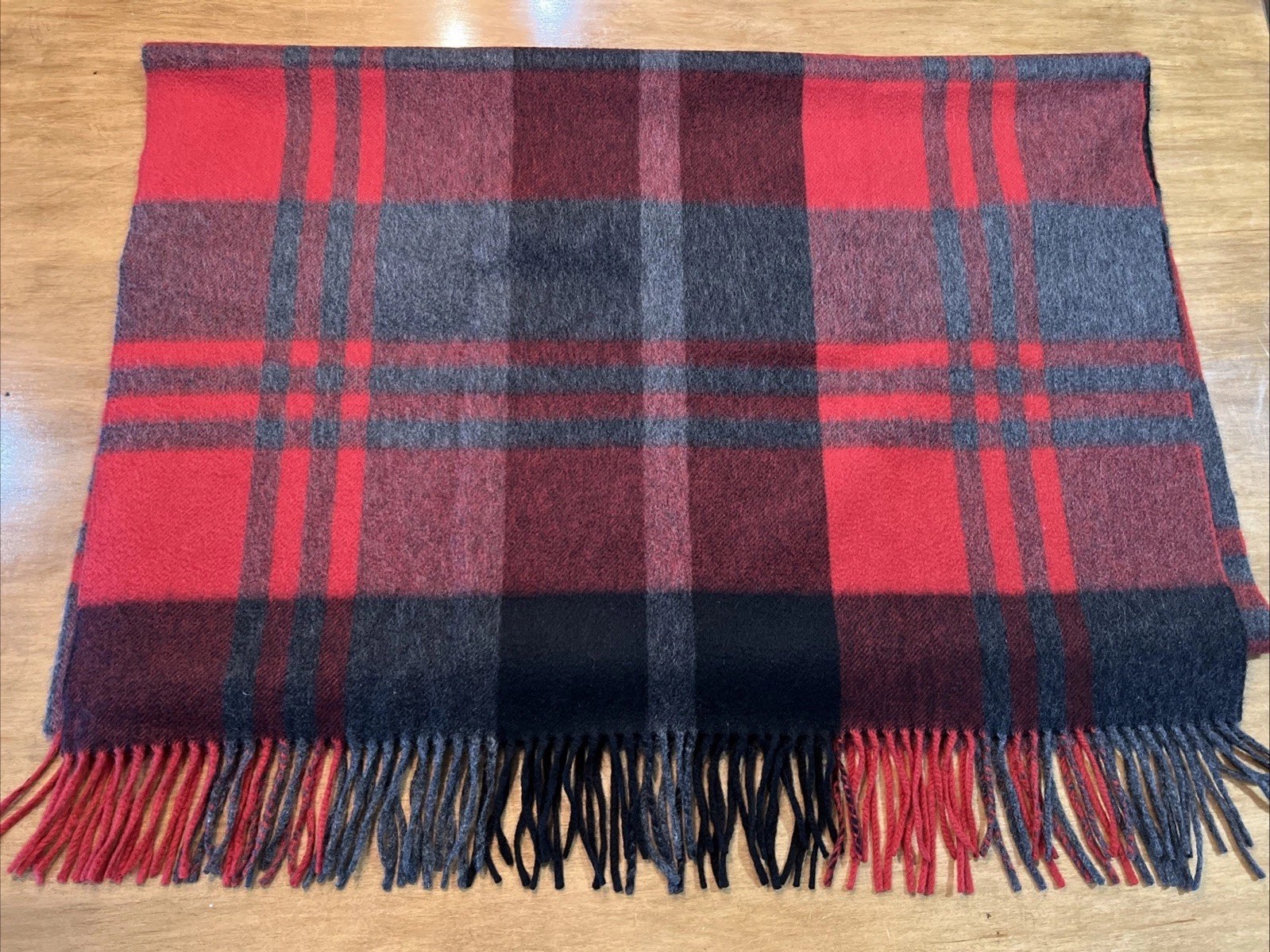 Joshua Ellis 100% Cashmere Red Gray Plaid Check Scarf 28×75