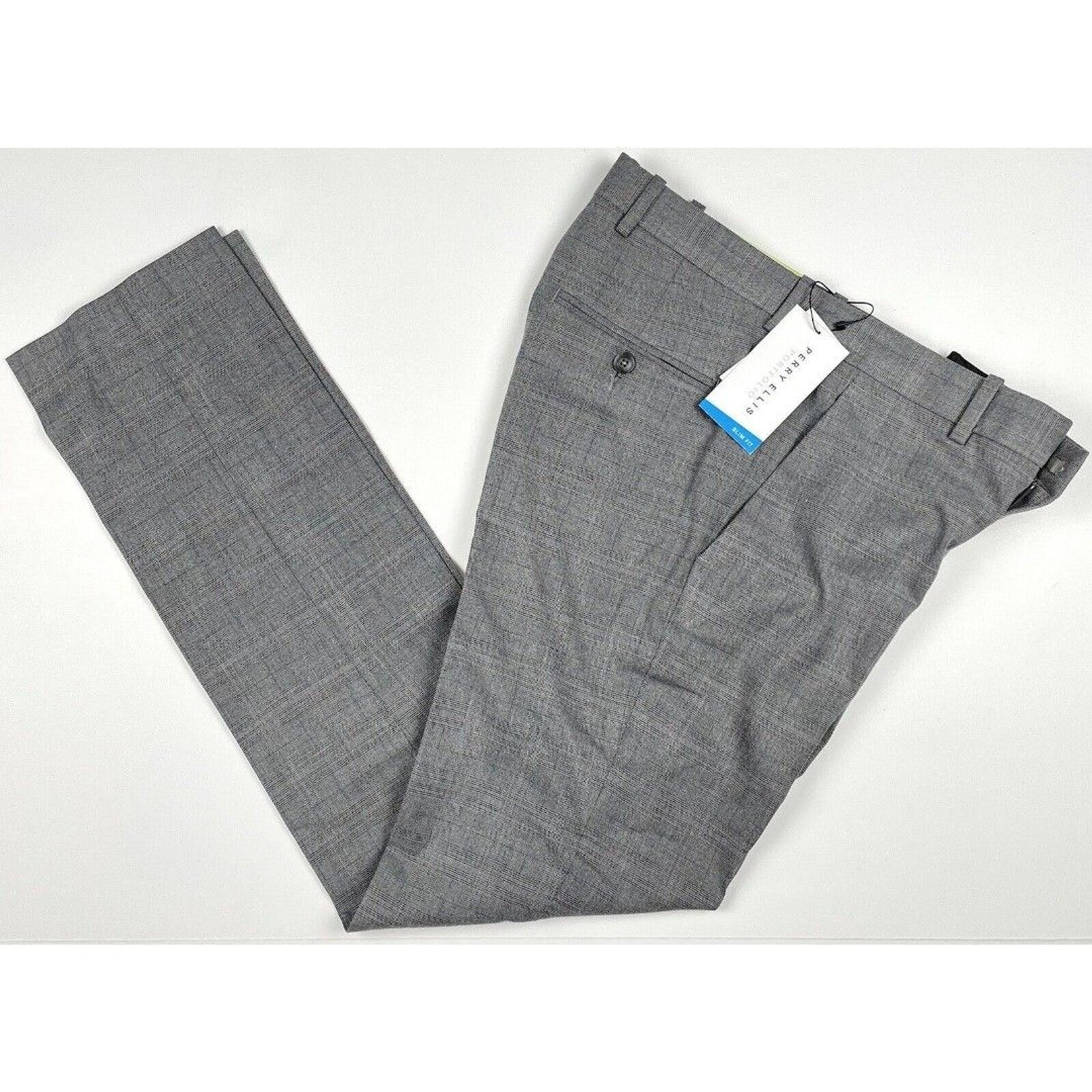 Perry Ellis Portfolio Men’s Gray Slim-Fit Smoked Pearl Plaid Dress Pants 30×32