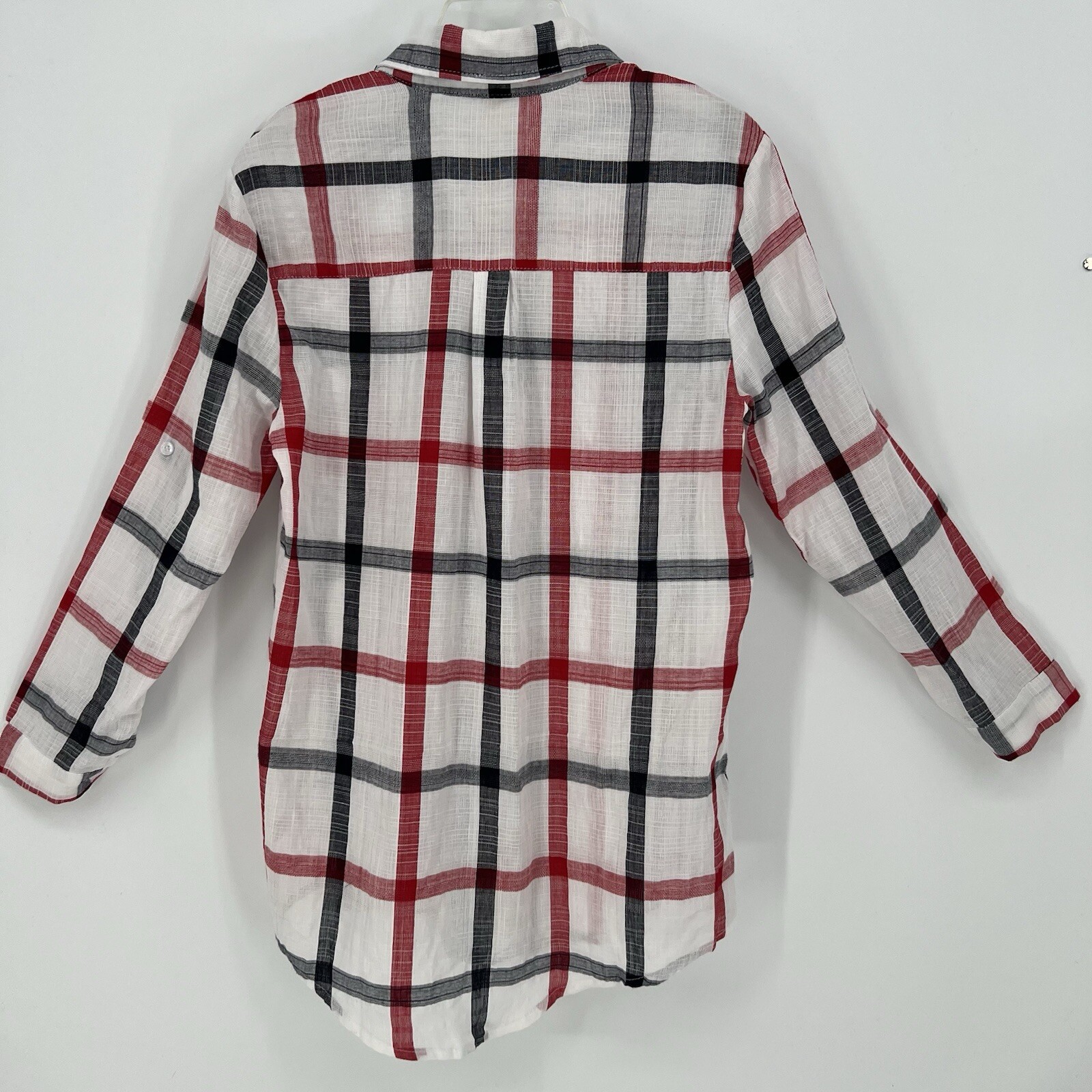 Mybeloved Top Women’s White, Red & Navy Plaid Button-Up w/Roll Tab Sleeves NWOT