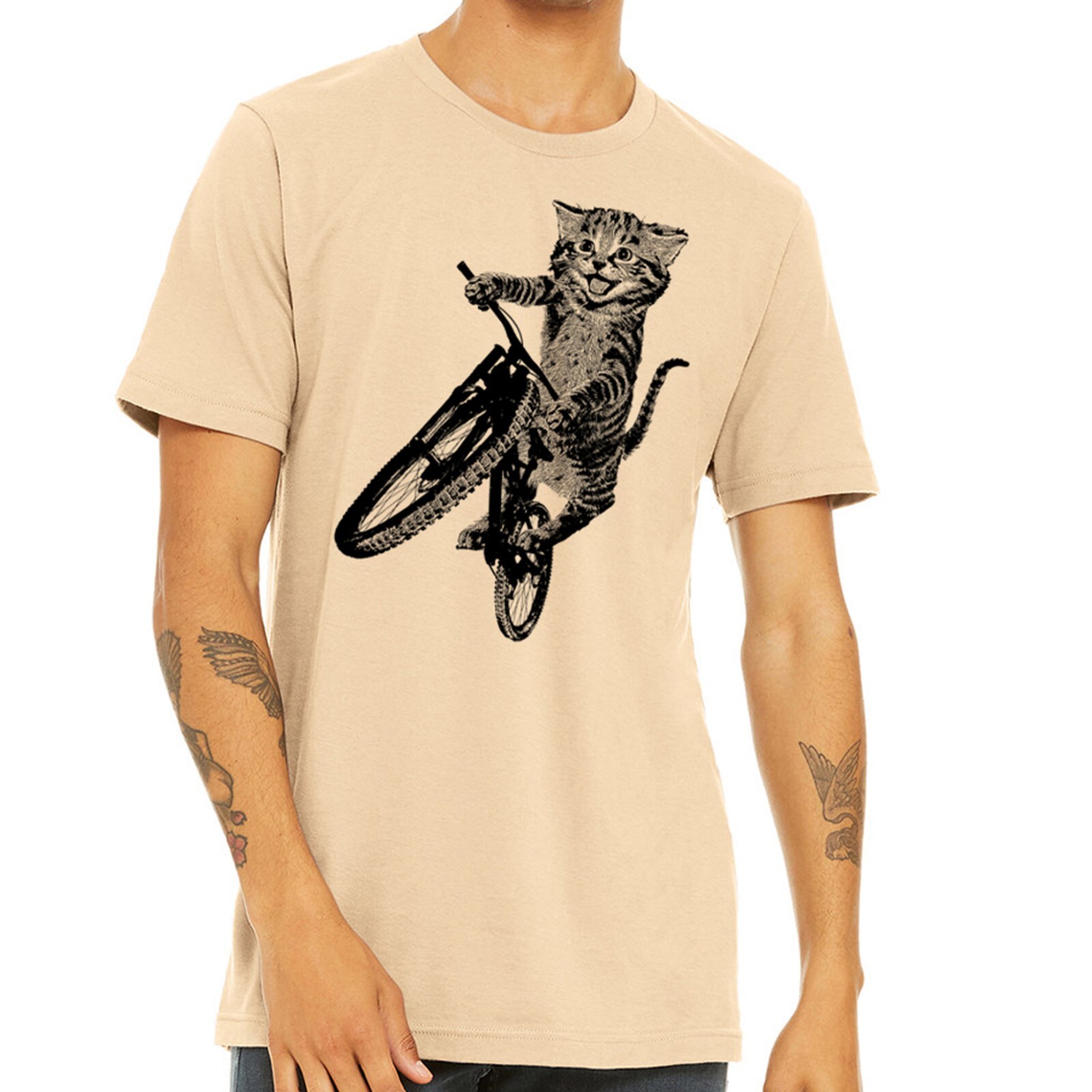 Cat Riding a Bicycle men’s Tshirt- Kitten Wheelie Tee shirt- Eco Friendly