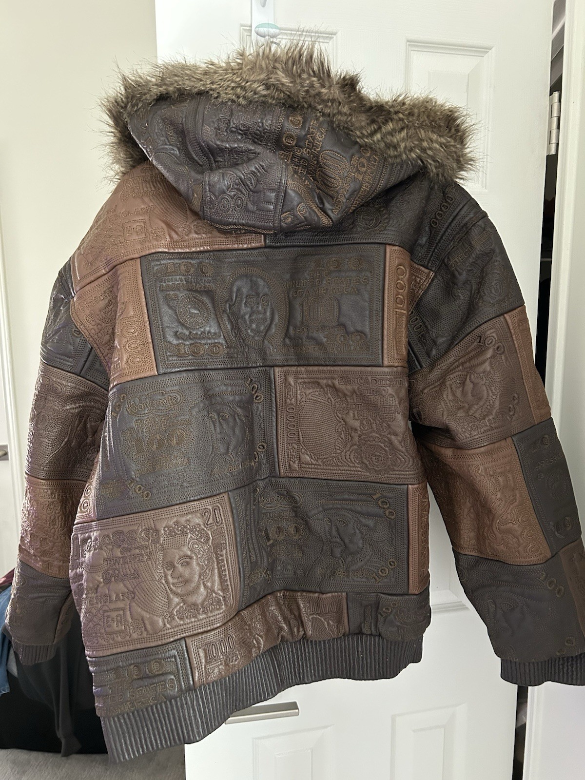 Tanners Avenue Men’s Patchwork Leather Bomber Jacket Hooded Full Zip XL Brown