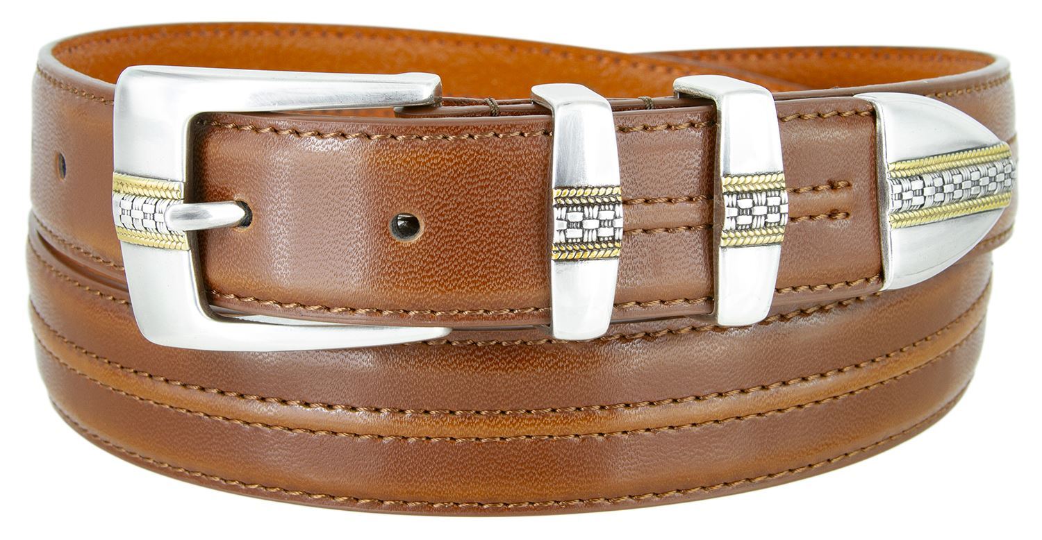 Men’s Belt Designer Double Center Stitched Casual Dress Leather Belt 1-1/8″ Wide