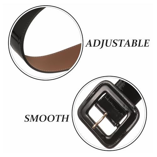 Black Patent Leather Belt Women: Retro Wide Black Belt with Square Buckle, Wide