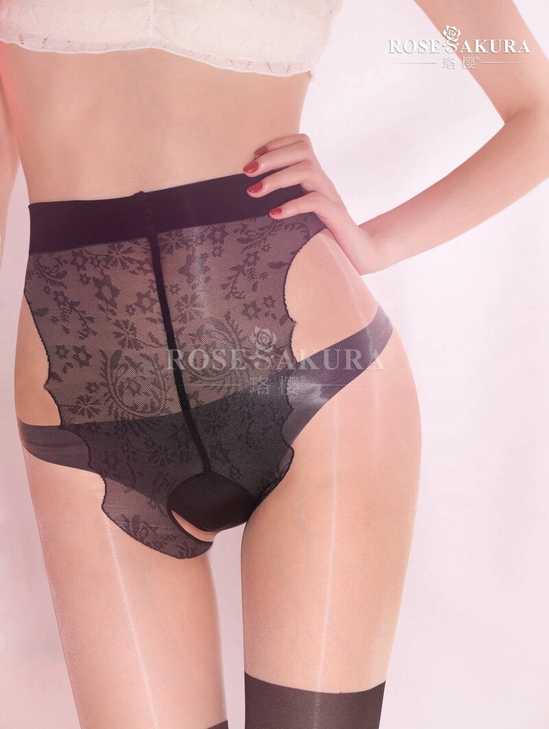 Rose Sakura Oil Shiny Pantyhose Back Seam Open Gusset Crotchless Stockings 8209