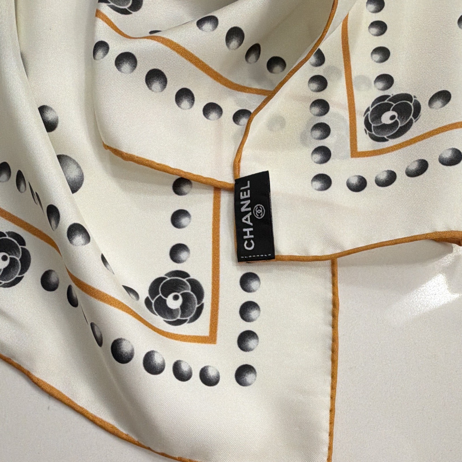 CHANEL White Silk Square Scarf Black Camellia Dot Floral Print Orange Trim