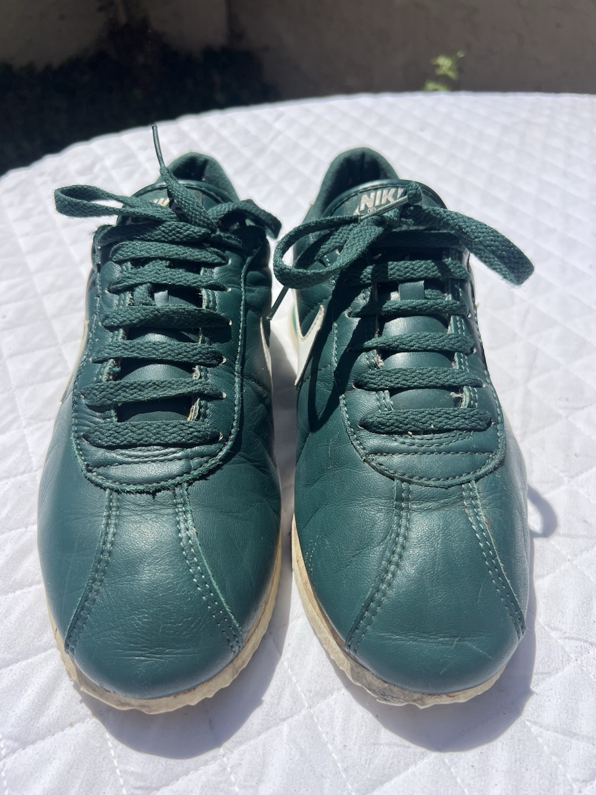 Vintage 1980s Nike Cortez Size 8 Green Leather Shoes Made in Republic of Korea