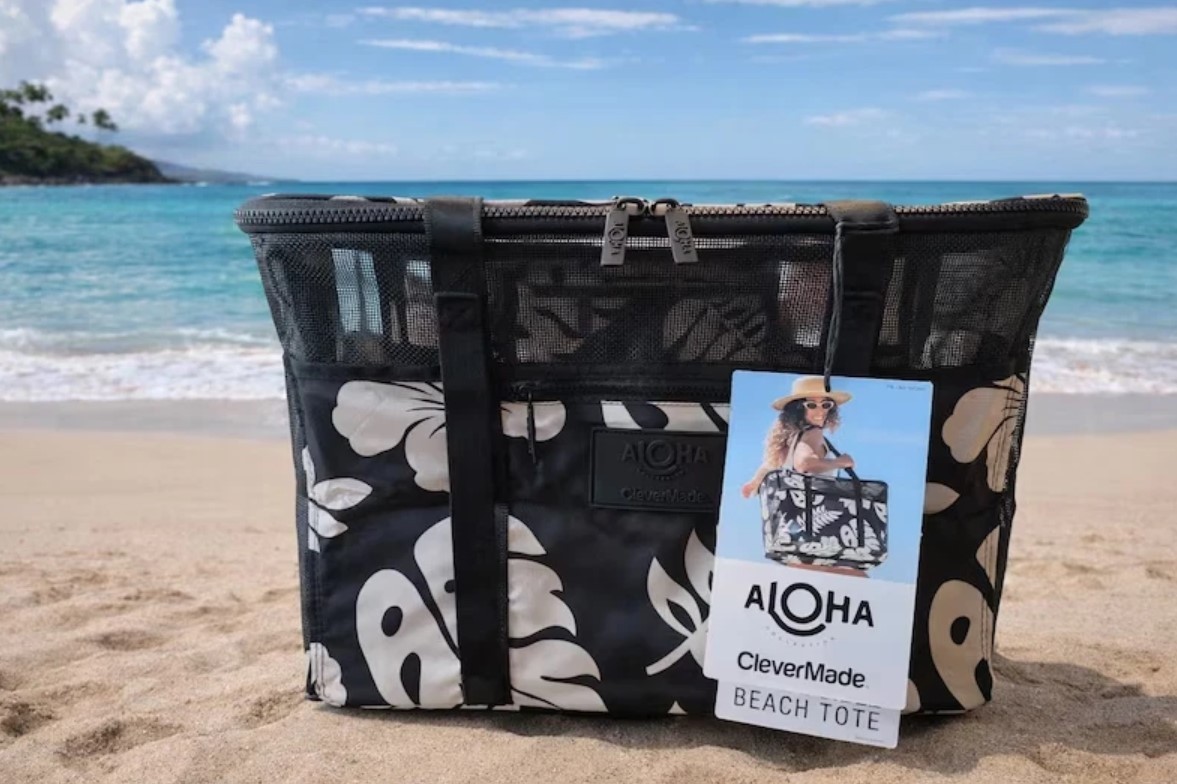 Aloha Collection CleverMade Foldable Mesh Beach Tote Black White Floral Zip