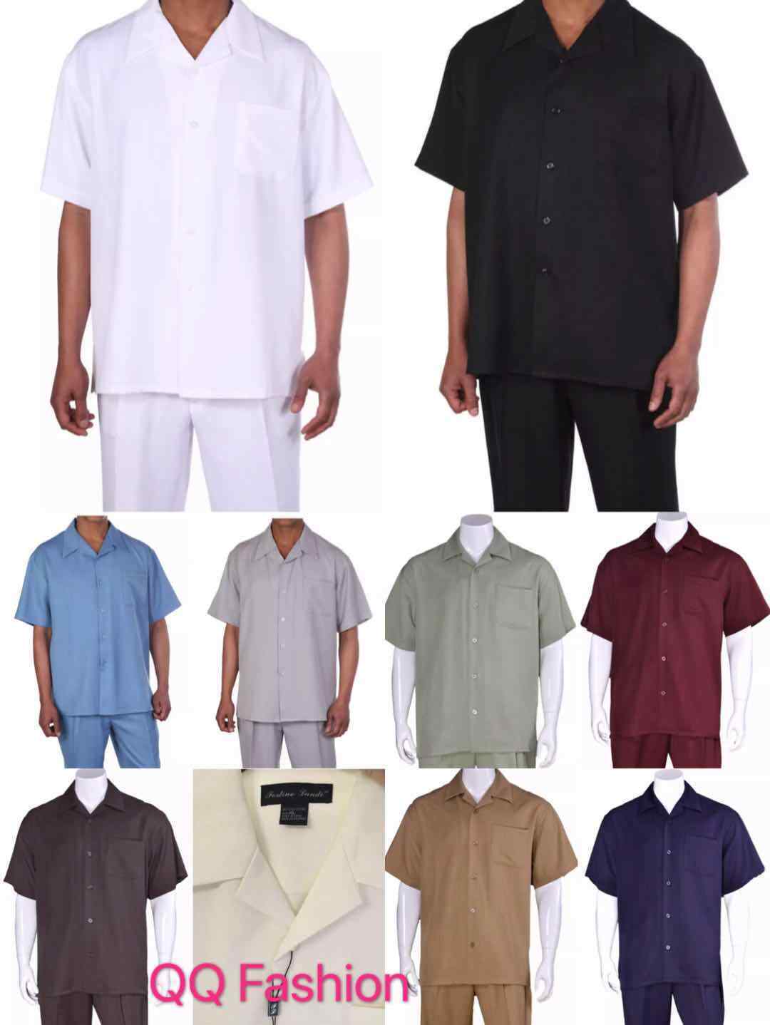 New Men’s 2pc Walking Suit Short Sleeve Casual Shirt & Pants Set Solid M2954 .