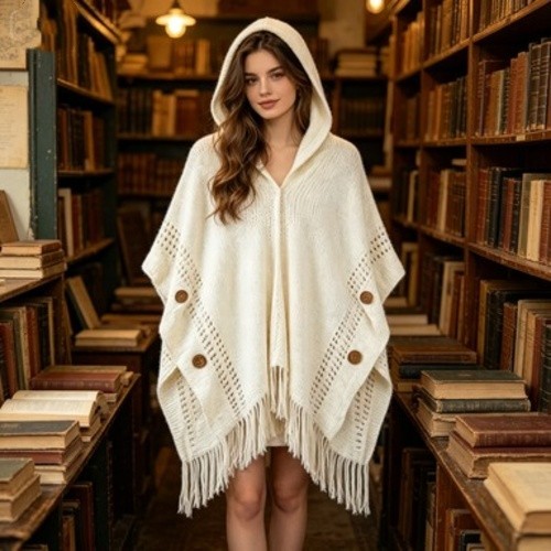 Women Hooded Cape Shawl Asymmetric Hem Fringe Batwing Sleeve Button Casual Wrap