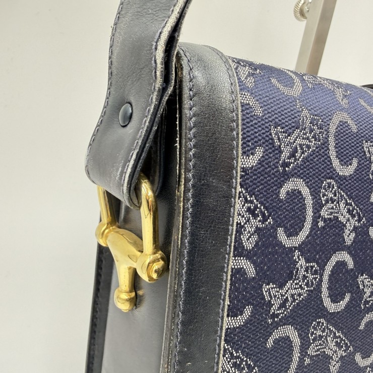 CELINE Sulky C Macadam Vintage Shoulder Bag Navy Canvas and Leather Gold-ton…