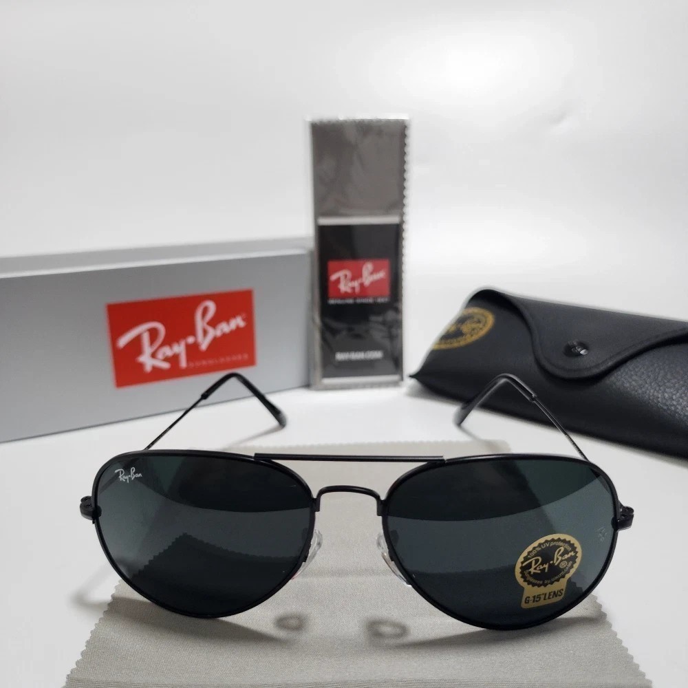 Ray-Ban Aviator Pilot Sunglasses Black Frame Glass Gray Lens 58-14mm