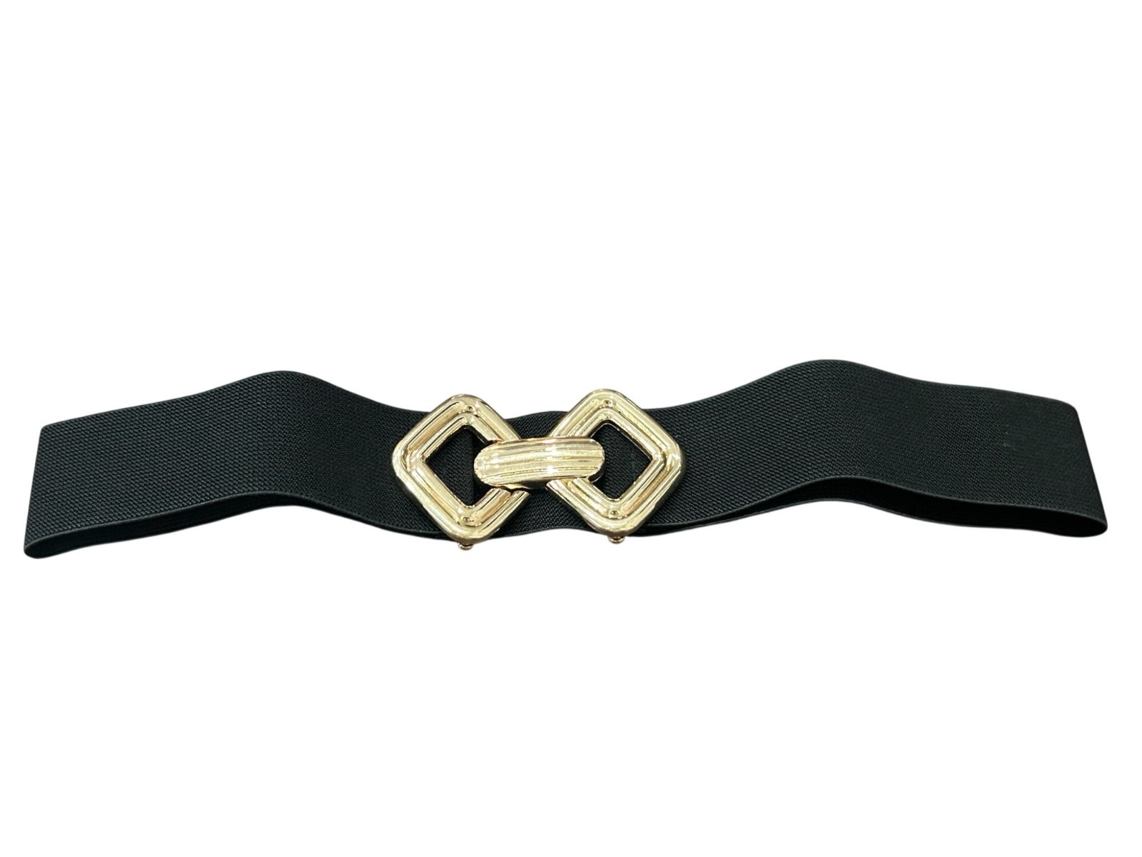 Womens Wide Elastic Polyester Fiber Black Belt With Gold Buckle Size 80cm Trendy