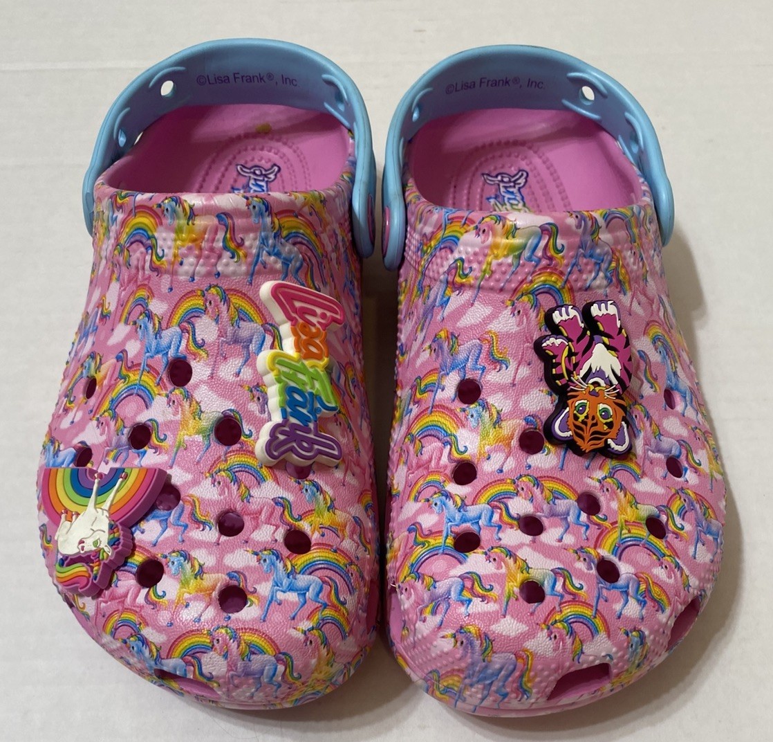 Crocs x Lisa Frank Unicorn Rainbow Classic Clogs Kids J4 Women’s 6 Pink w/charms