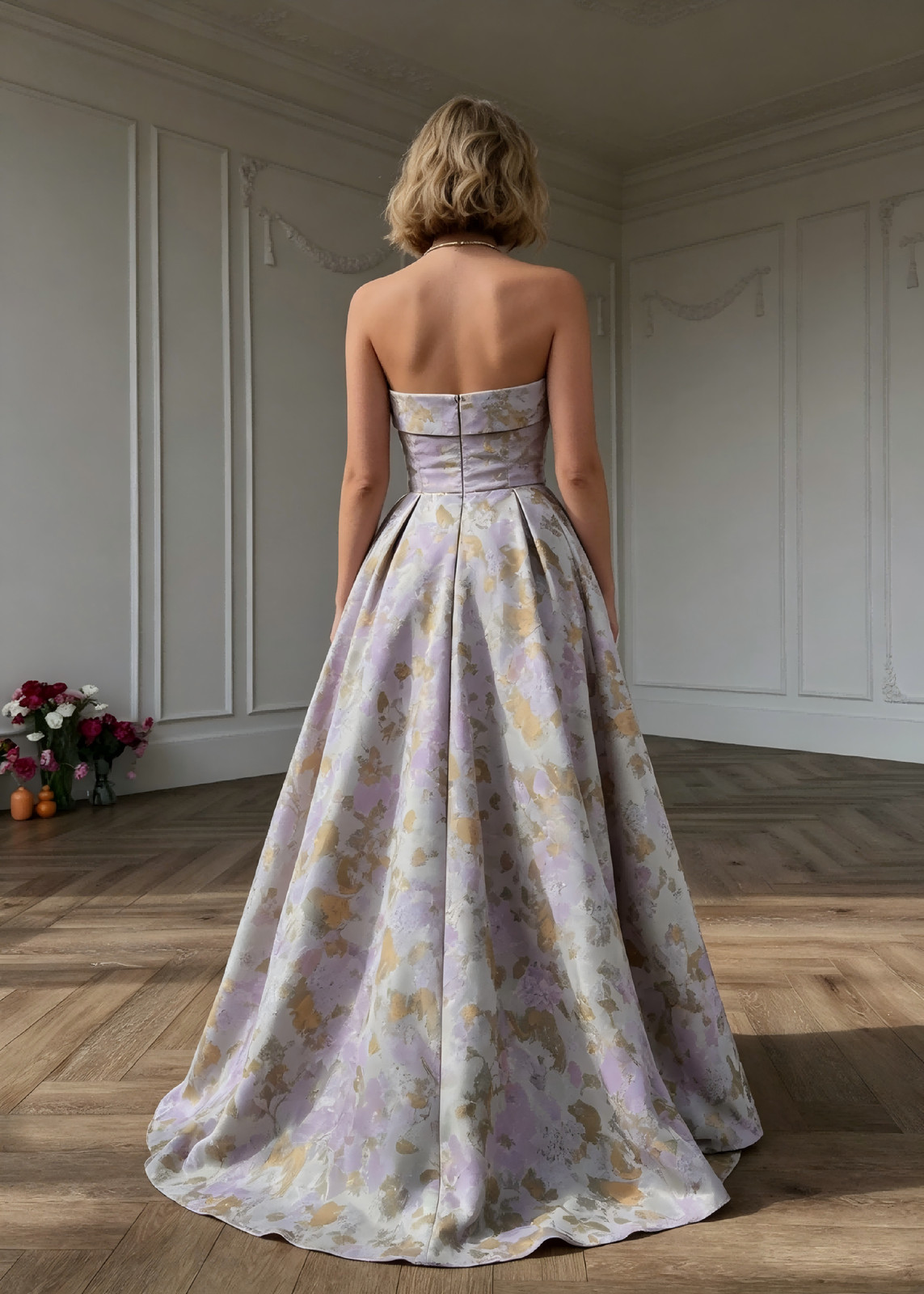 Strapless Lavender Floral Jacquard Ball Gown Formal Evening Prom Dresses