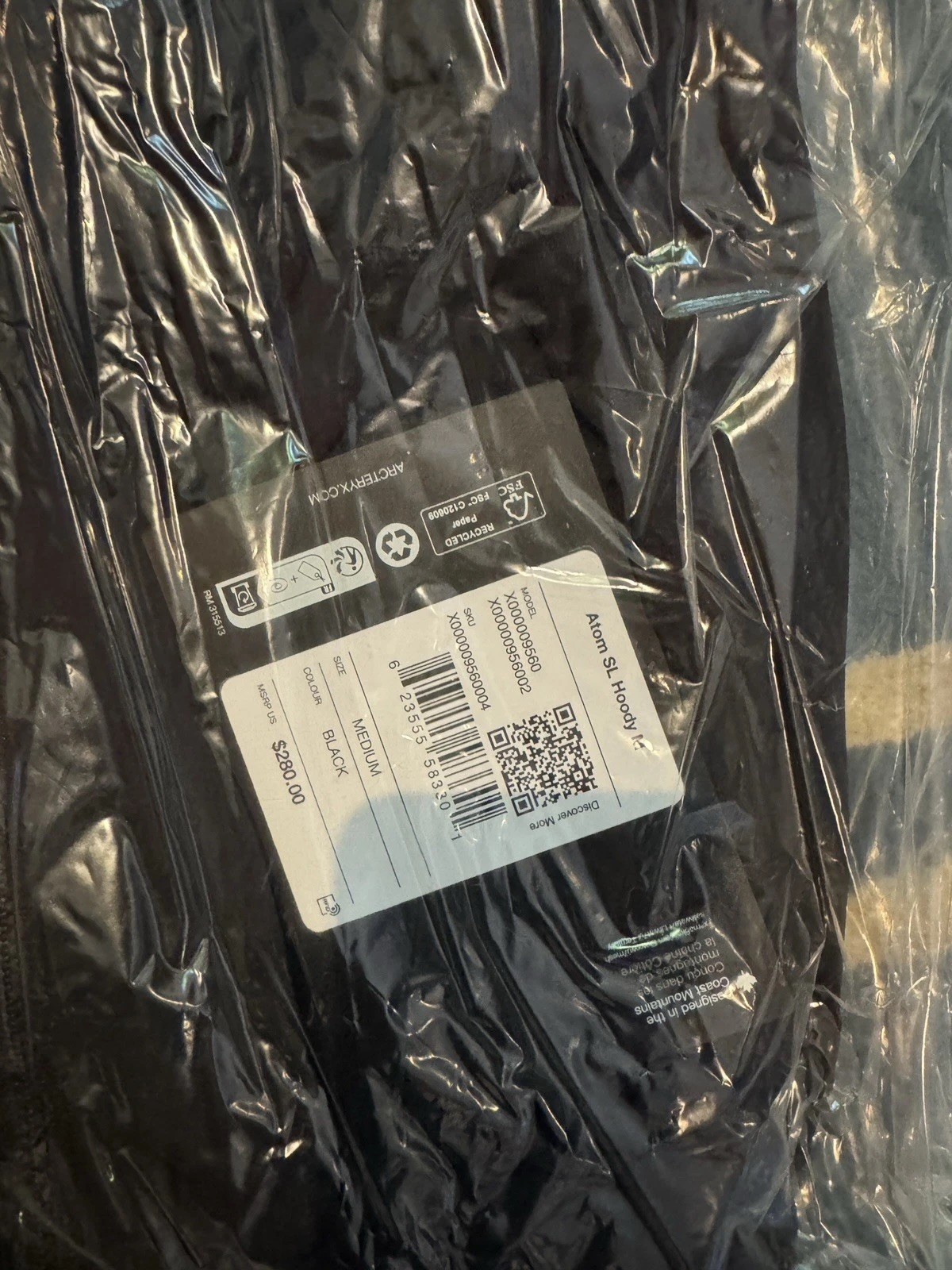 Arc’teryx Atom SL Hoody Men’s Medium Black New Sealed | Insulated Lightweight